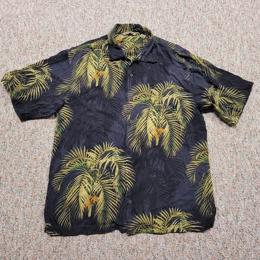 Tommy Bahama Shirt Mens Large Black Silk Palm Print Tropical Camp Button Up